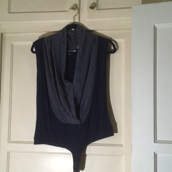 Eva•Mendes Tops - Eva•Mendes Navy Bodysuit with a Splash of White Dots around V neckline